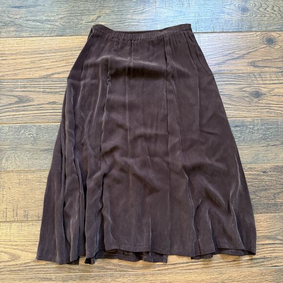 Vintage Coldwater Creek Brown Rayon Midi Skirt PM Made in USA Boho Lined Slit - Picture 2 of 7